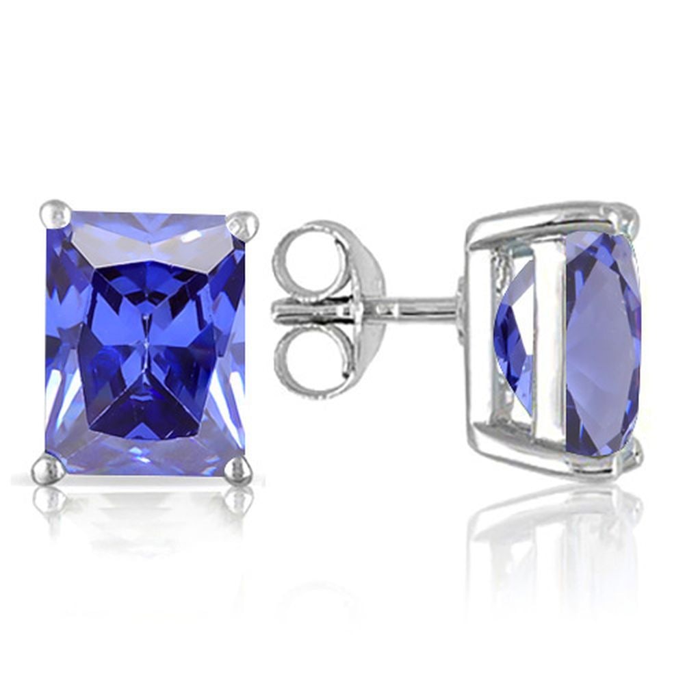 6X4MM Octagon Cut Lab Tanzanite 1.35CTW Stud Earrings in Sterling Silver: In platinum over .925 sterling silver basket mountings with friction backs included. Contains 2 octagon cut lab tanzanite gemstones with excellent color and clarity, approx. 1.35CTW, 6x4mm each. 1.2g