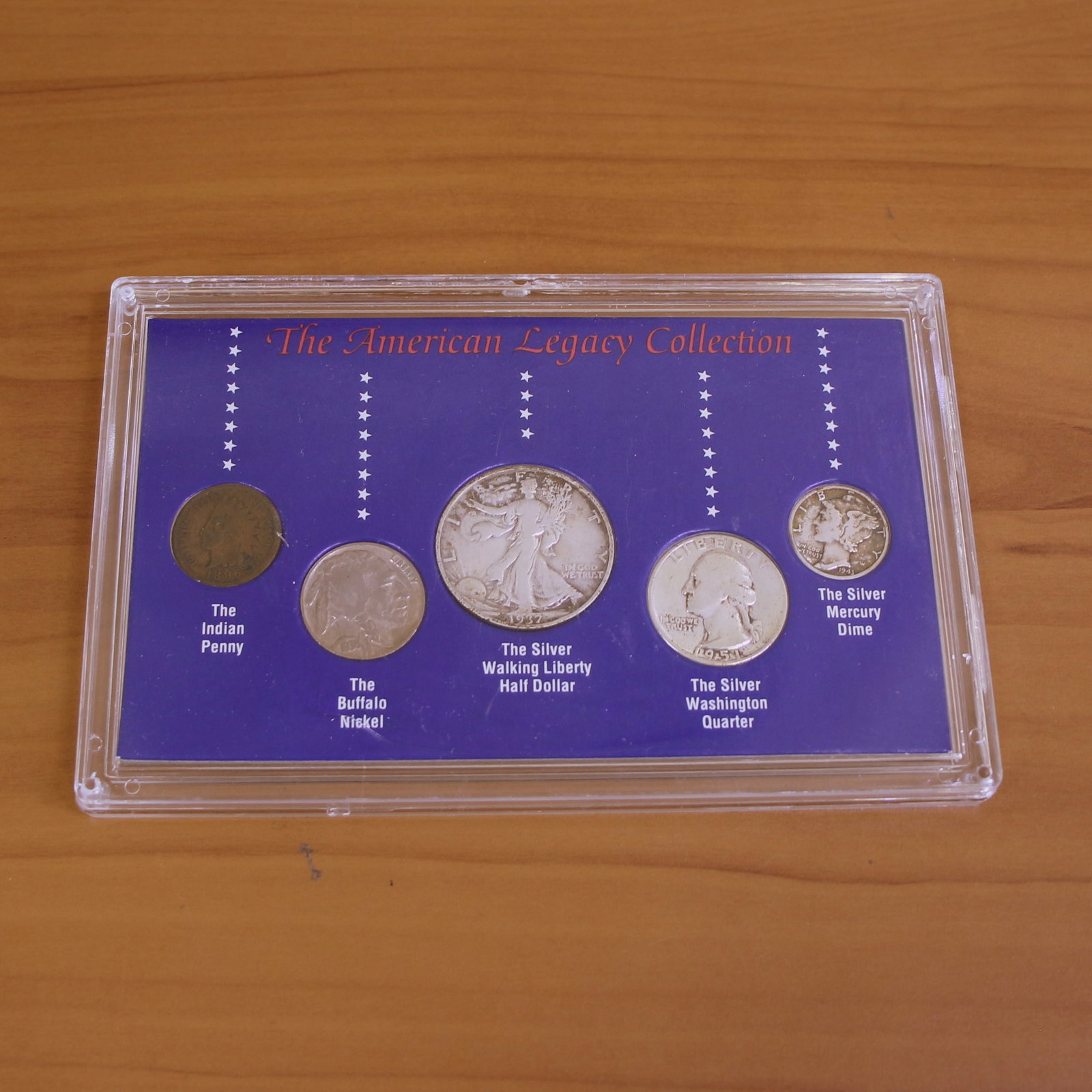 The American Legacy Silver Coin Collection: Contains one 1896 Indian Penny, 1935 Buffalo Nickel, 1937 Silver Walking Liberty Half Dollar, 1951 Silver Washington Quarter, and 1941 Silver Mercury Dime.