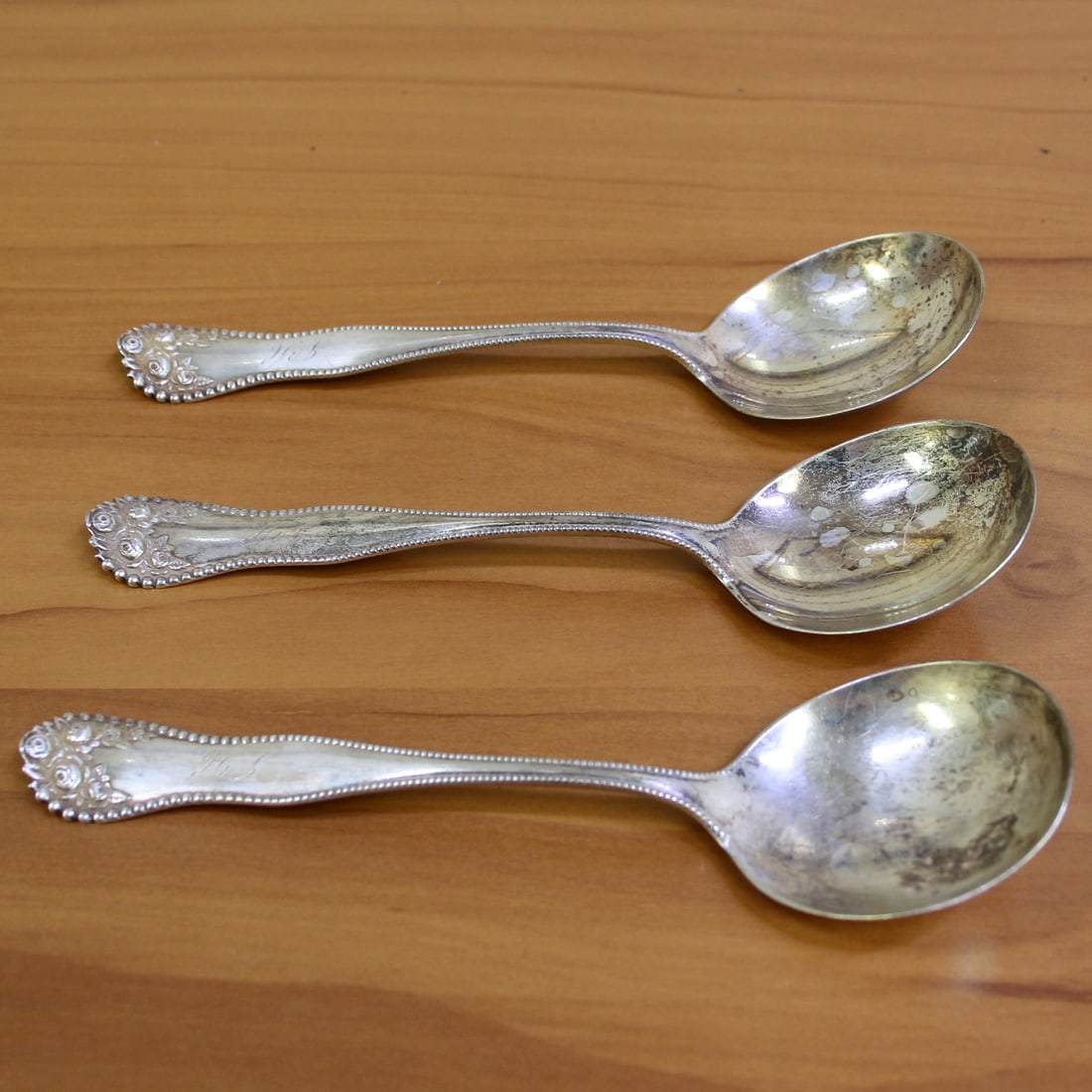 Gorham "Lancaster" Sterling Silver Round Bowl Soup Spoons Set of 3: In .925 Sterling Silver. Contains three round bowl soup spoons (gumbo) - 6 3/4 inch. Light monogram. 118.4g.