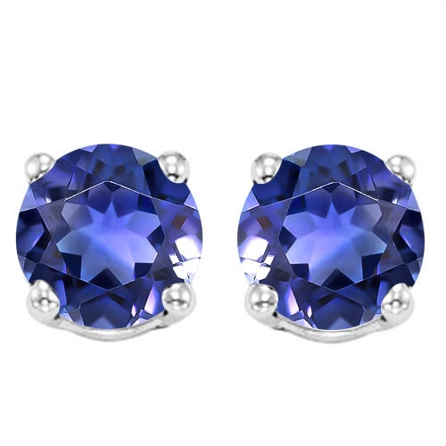 6MM Round Lab Tanzanite Earrings in Sterling Silver: In platinum over .925 sterling silver basket mountings with friction backs included. Contains 2 round cut lab created Tanzanite gemstones with excellent color and clarity, approx. 2.7CTW, 6mm each. 1.