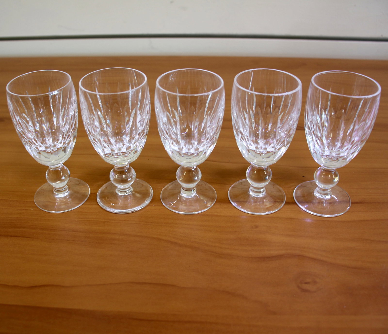 Waterford Maureen Crystal Sherry Glasses Set of 5: Five 4 1/4 inch sherry cut crystal glasses. Old Gothic Waterford mark. Excellent condition.