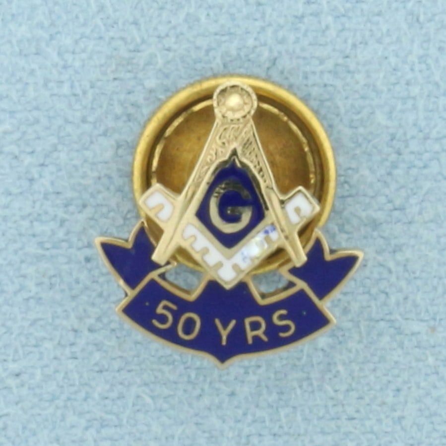 Vintage Masonic 50 Years Pin in 10k Yellow Gold: In 14k Yellow Gold. 1/2 inch long. 1/2 inch wide. 1.2g.