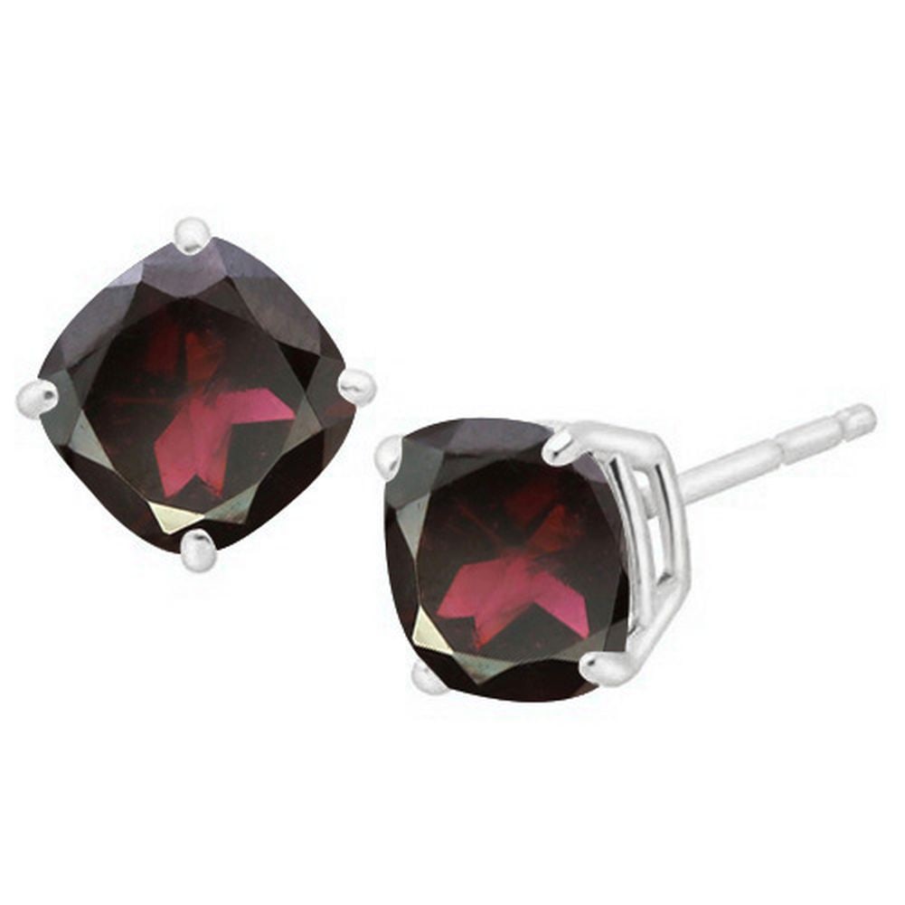 5MM Cushion Cut Garnet 1.25CTW Stud Earrings in Sterling Silver: In platinum over .925 sterling silver basket mountings with friction backs included. Contains 2 cushion cut garnet gemstones with deep color and excellent clarity,approx. 1.25CTW, 5mm each. 0.9g