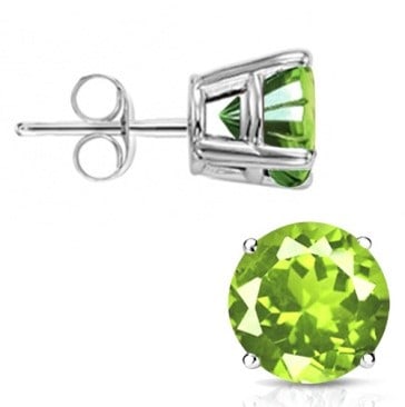 6MM Round Peridot Earrings in Sterling Silver: In platinum over .925 sterling silver basket mountings with friction backs included. Contains 2 round cut Peridot gemstones with excellent color and clarity, approx. 1.9CTW, 6mm each. 1.5g