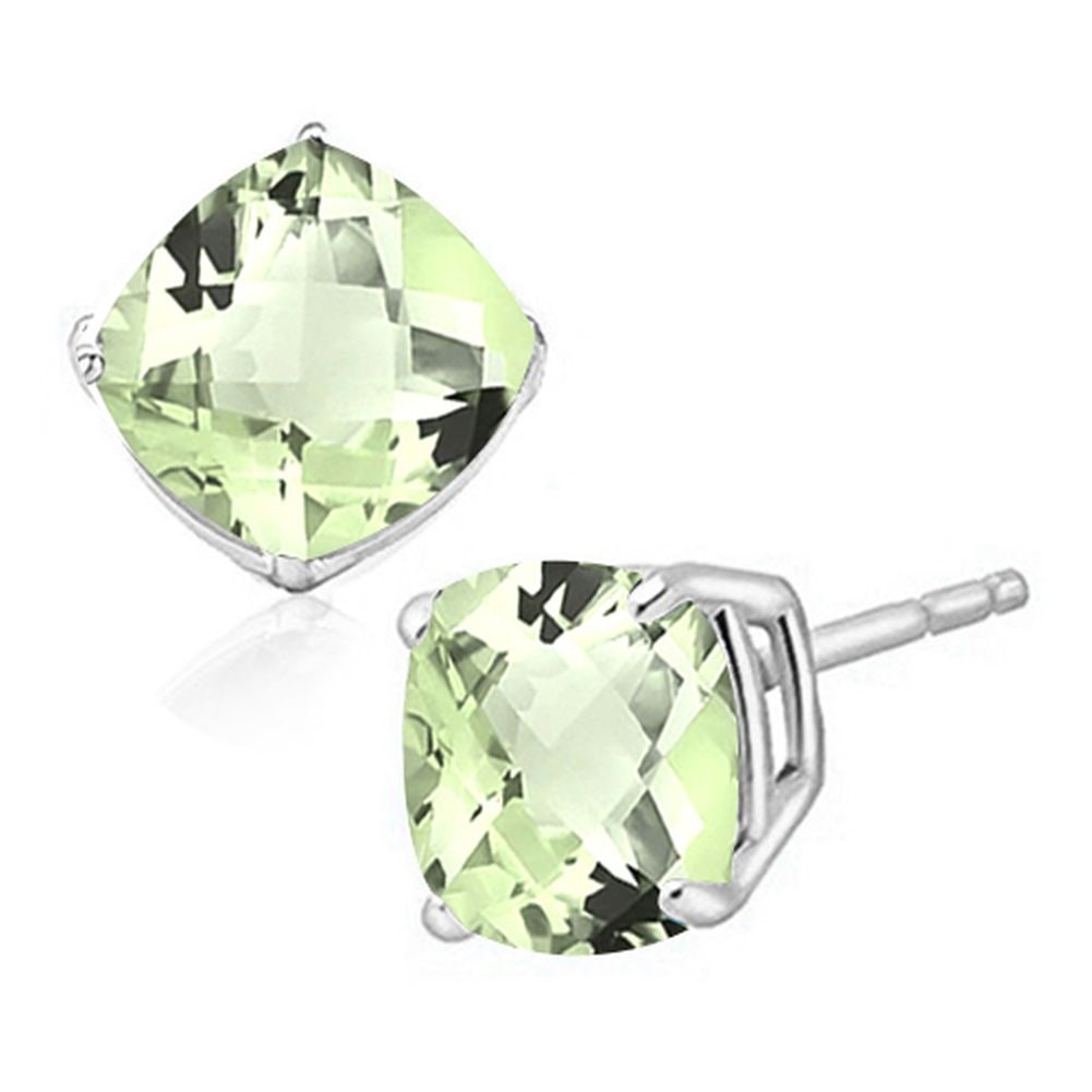 6MM Cushion Cut Green Amethyst 1.85CTW Stud Earrings in Sterling Silver: In platinum over .925 sterling silver basket mountings with friction backs included. Contains 2 cushion cut green amethyst gemstones with excellent color and clarity,approx. 1.85CTW, 6mm each. 1.3g