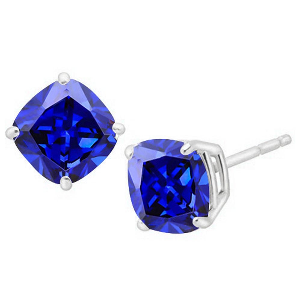 5MM Cushion Cut Lab Tanzanite 1.35CTW Stud Earrings in Sterling Silver: In platinum over .925 sterling silver basket mountings with friction backs included. Contains 2 cushion cut lab tanzanite gemstones with excellent color and clarity, approx. 1.35CTW, 5mm each. 1.0g