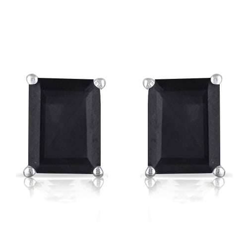 4x6 Emerald Cut Midnight Sapphire Earrings in Sterling Silver: In platinum over .925 sterling silver basket mountings with friction backs included. Contains 2 emerald cut Midnight Sapphire gemstones with excellent dark color, approx. 2.2CTW, 4x6mm each. 1.4g