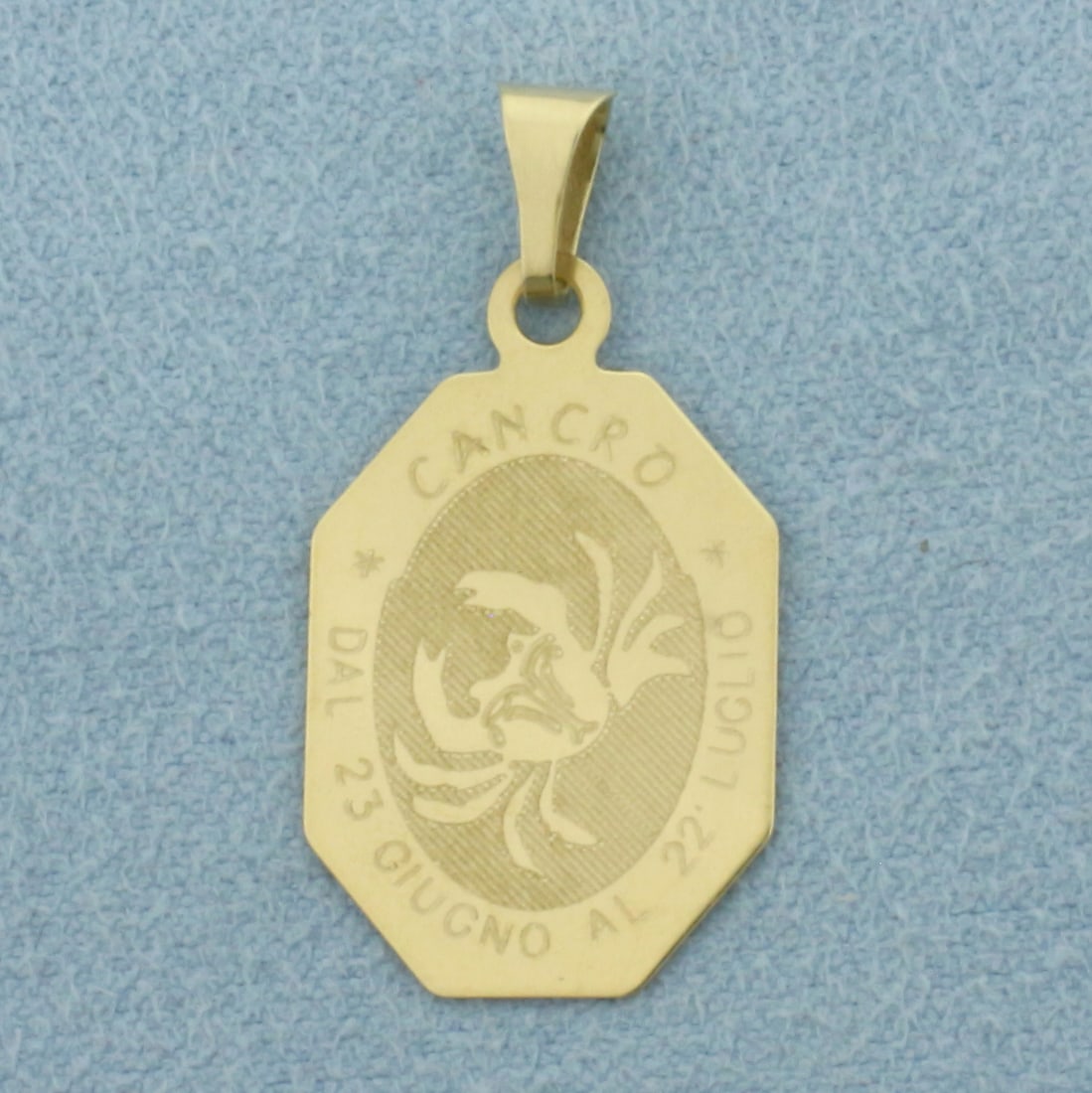 Italian Cancer Zodiac Pendant or Charm in 18k Yellow Gold: In 18k Yellow Gold. 1 1/8 inch long (including bale). 5/8 inch wide. 1.0g.