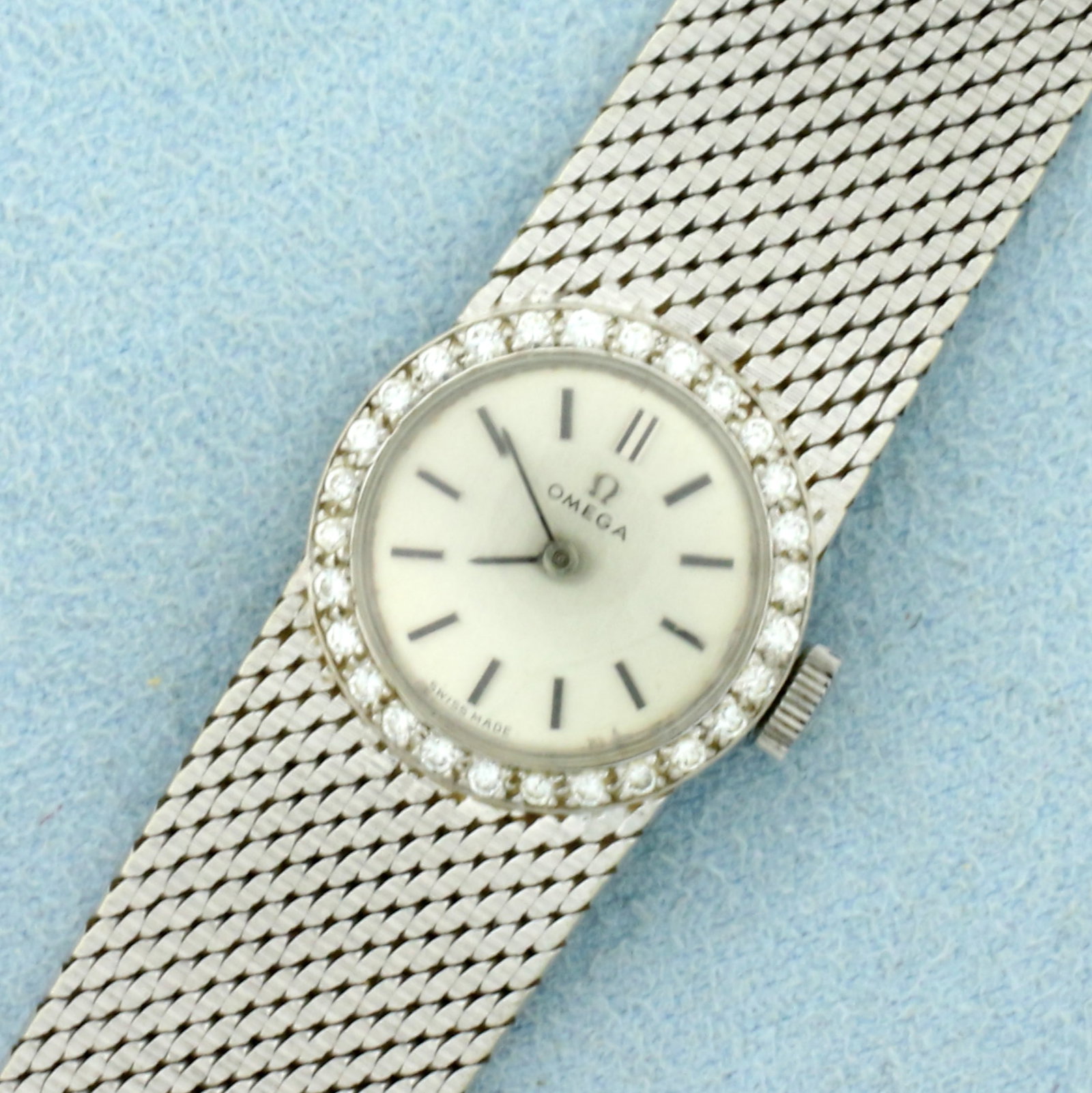 Womens Vintage Omega Watch In Solid 18K White Gold Case and Band: Case and Band in Solid 18K White Gold. Windup movement runs great, in great overall condition with no scratching on crystal or band. 17.5mm case. Bezel Contains Twenty Eight High Quality .01ct Diamond
