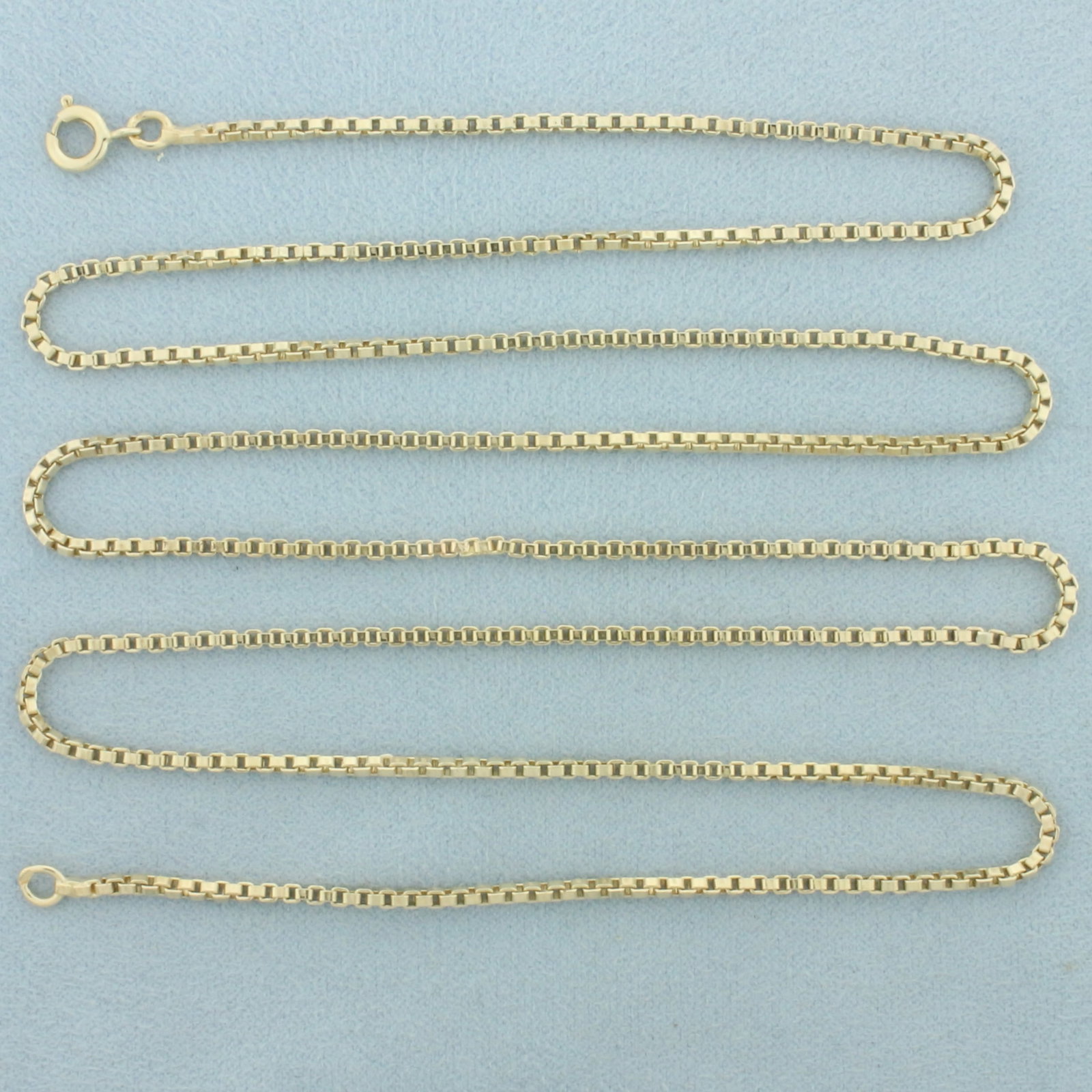 30 Inch Box Link Chain Necklace in 14k Yellow Gold: In 14k yellow gold. 30 inches long, 1.9mm wide. Spring clasp. 14.4g.