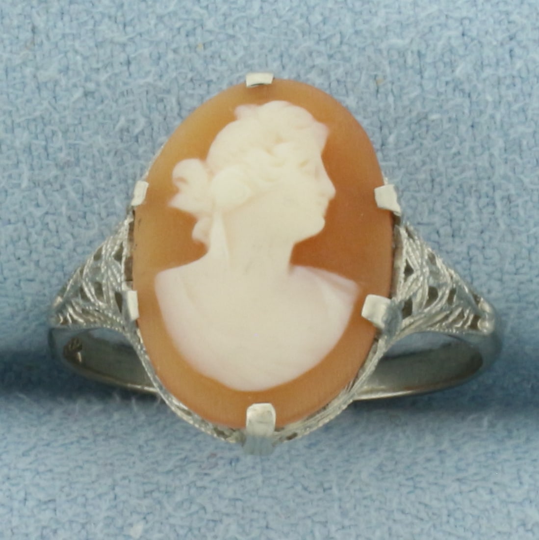 Vintage Cameo Filigree Ring in 14k White Gold: In 14k White Gold. Contains one 14x10mm high quality carved shell cameo. Size 7. 1.9g.