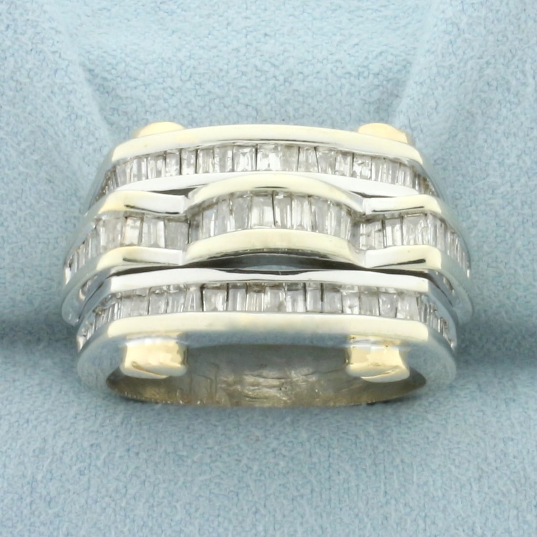 Mens Baguette Diamond Screw Design Statement Ring in 14k White and Yellow Gold: Shank 14k White Gold, Screws 14k Yellow gold. Contains 3 rows of baguette cut diamonds, channel set, 1ct TW, H color/I1 clarity. Size 11. 17.4g.