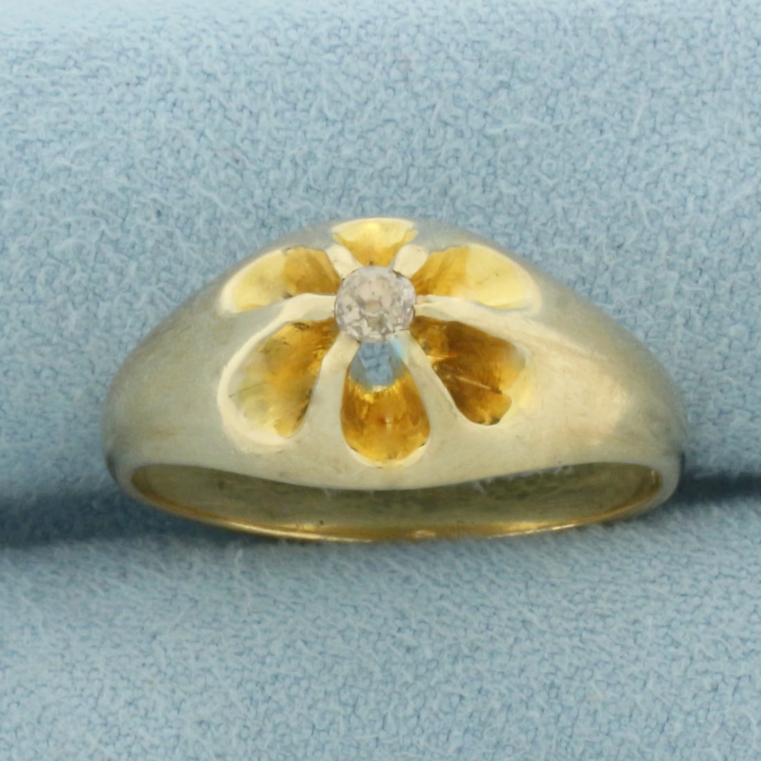 Antique Old Mine Cut Diamond Ring in 14k Yellow Gold: In 14k Yellow Gold. Contains one 1/10ct old mine cut high quality diamond, VS clarity/K color. 10mm wide at top of ring. Size 9.25. 5.8g.