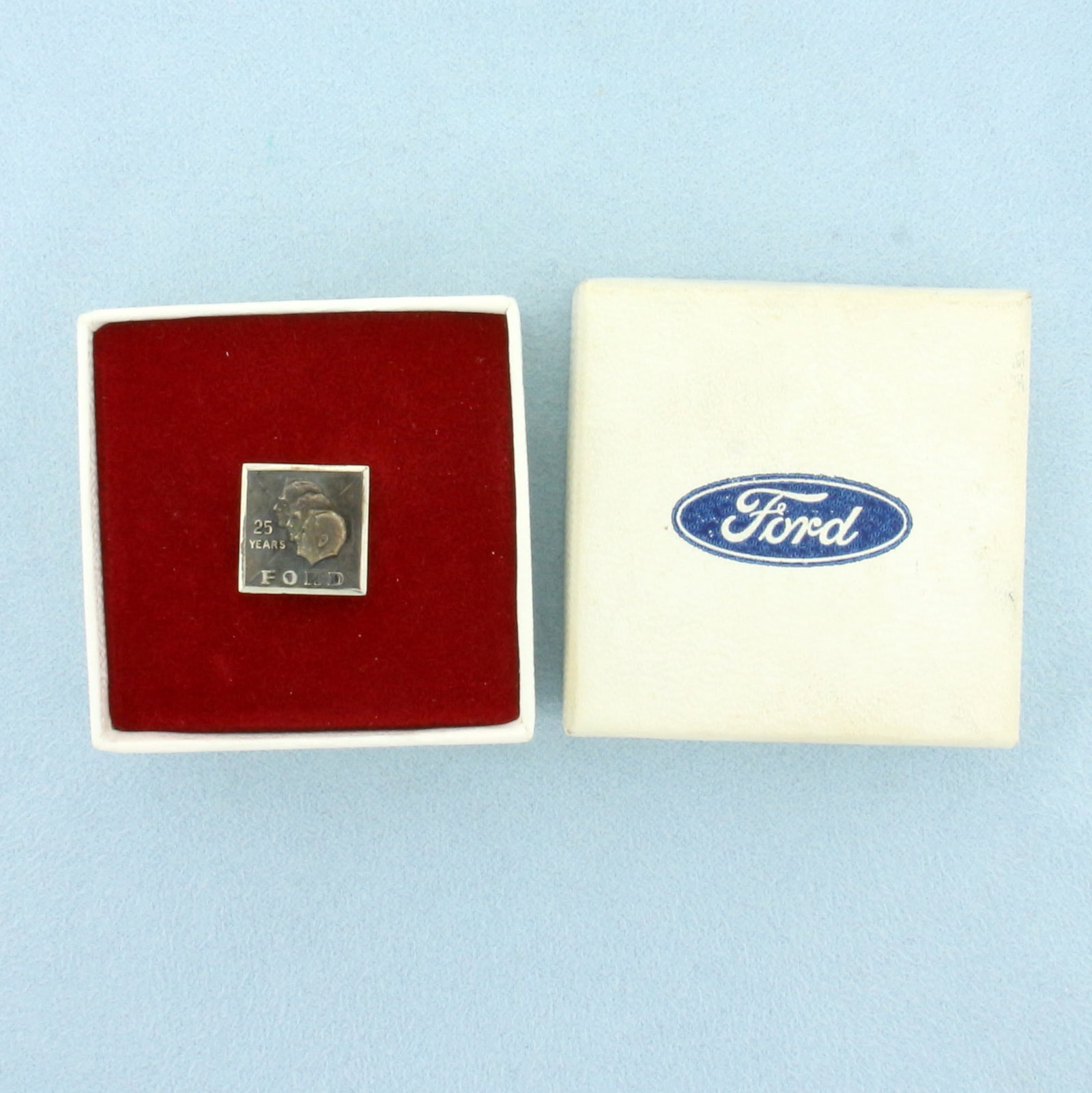Ford Motor 25 Years Tie Tack or Lapel Pin in 10k White Gold: In 10k White Gold (backing gold plated). 1/2 inch by 1/2 inch. Original box included. 4.1g.