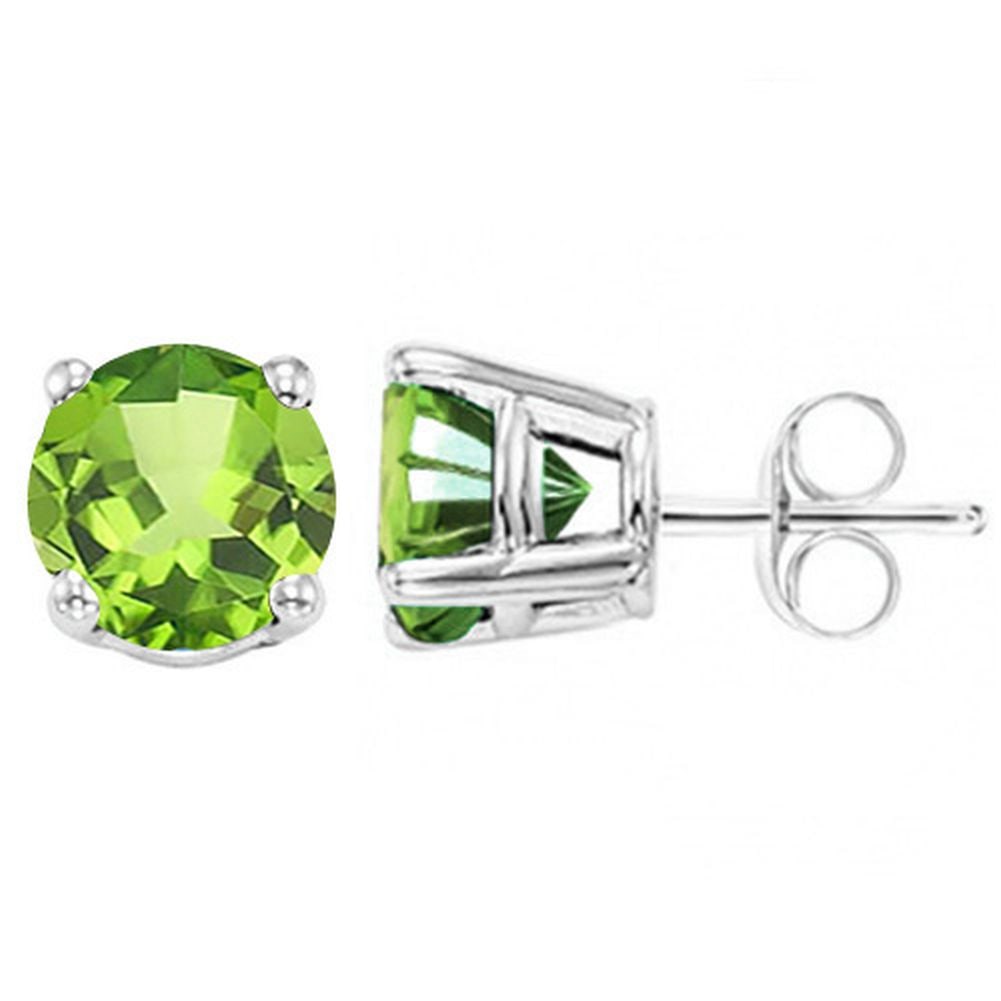 5MM Round Cut Peridot 1.1CTW Stud Earrings in Sterling Silver: In platinum over .925 sterling silver basket mountings with friction backs included. Contains 2 round cut peridot gemstones with grassy green color and excellent clarity, approx. 1.1CTW, 5mm each. 0.9