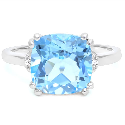 Cushion Cut Blue Topaz and Diamond Ring in Sterling Silver: In platinum over .925 sterling silver. Contains one cushion cut blue topaz gemstone, 5.2cts, excellent color and clarity, accented with 2 genuine diamonds, .01ctw. Size 7. 3.3g