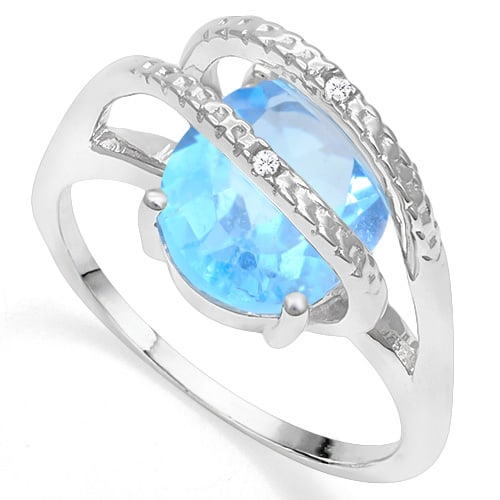 3D Blue Topaz & Diamond Statement Ring in Sterling Silver: In platinum over .925 sterling silver. Contains one 4.2ct blue topaz gemstone accented with two genuine diamonds, .01ctw. Size 6. 3.8g
