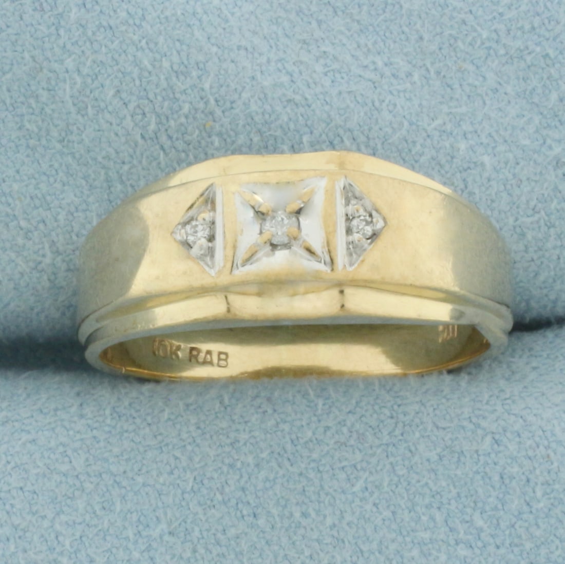 Mens Vintage 3-Stone Diamond Ring in 10k Yellow Gold: In 10k Yellow Gold. Contains one .02ct and two .01ct high quality diamonds, SI clarity/H color. 9mm wide at top of ring. Size 11. 3.6g.