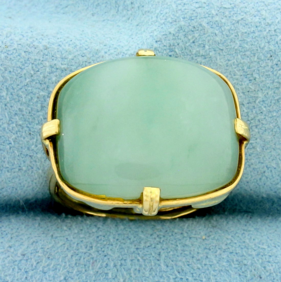 Vintage Natural Jade Statement Ring in 14k Yellow Gold: In 14k yellow gold. Contains one high quality natural 20mmx16mm Jade gemstone with excellent clarity. Size 8. 6.5g.