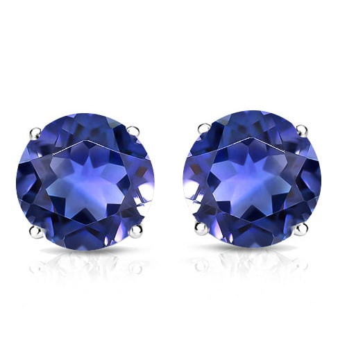 8MM Round Lab Tanzanite Stud Earrings in Sterling Silver: In platinum over .925 sterling silver basket mountings with friction backs included. Contains 2 round cut lab created genuine Tanzanite gemstones with excellent color and clarity, approx. 6.6CTW, 8mm 