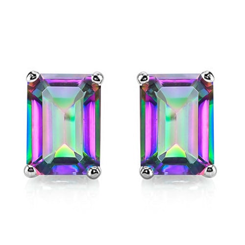 5x7 Emerald Cut Mystic Topaz Earrings in Sterling Silver: In platinum over .925 sterling silver basket mountings with friction backs included. Contains 2 emerald cut Mystic Topaz gemstones with excellent color and clarity, approx. 2CTW, 5x7mm each. 1.5g
