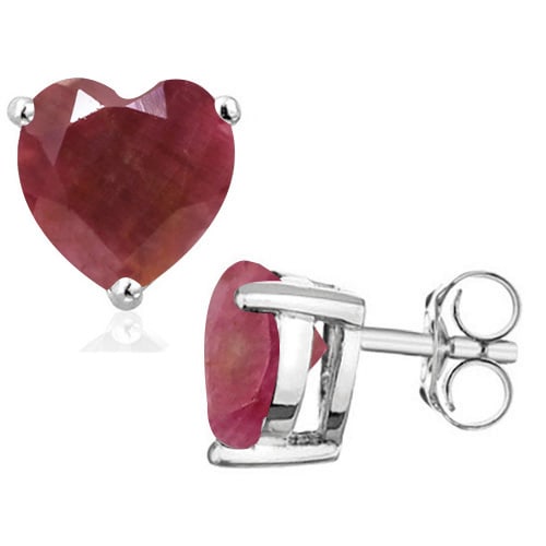 5MM Heart Ruby Earrings in Sterling Silver: In platinum over .925 sterling silver basket mountings with friction backs included. Contains 2 heart cut genuine Ruby gemstones, approx. 1.3CTW, 5mm each. 1.1g