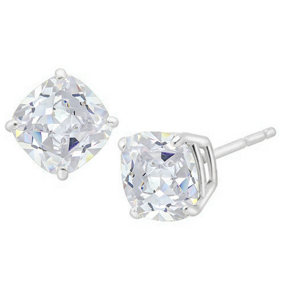 5MM Cushion Cut White Topaz 1.35CTW Stud Earrings in Sterling Silver: In platinum over .925 sterling silver basket mountings with friction backs included. Contains 2 cushion cut white topaz gemstones with bright white color and excellent clarity, approx. 1.35CTW, 5mm ea
