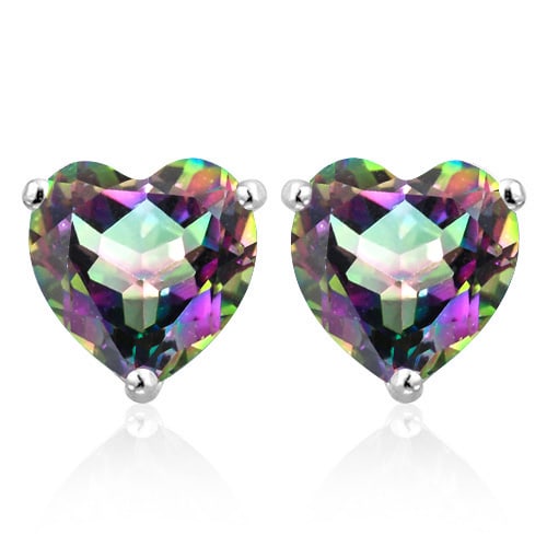 10MM Heart Mystic Topaz Earrings in Sterling Silver: In platinum over .925 sterling silver basket mountings with friction backs included. Contains 2 heart cut Mystic Topaz gemstones with excellent color and clarity, approx. 7CTW, 10mm each. 3.1g