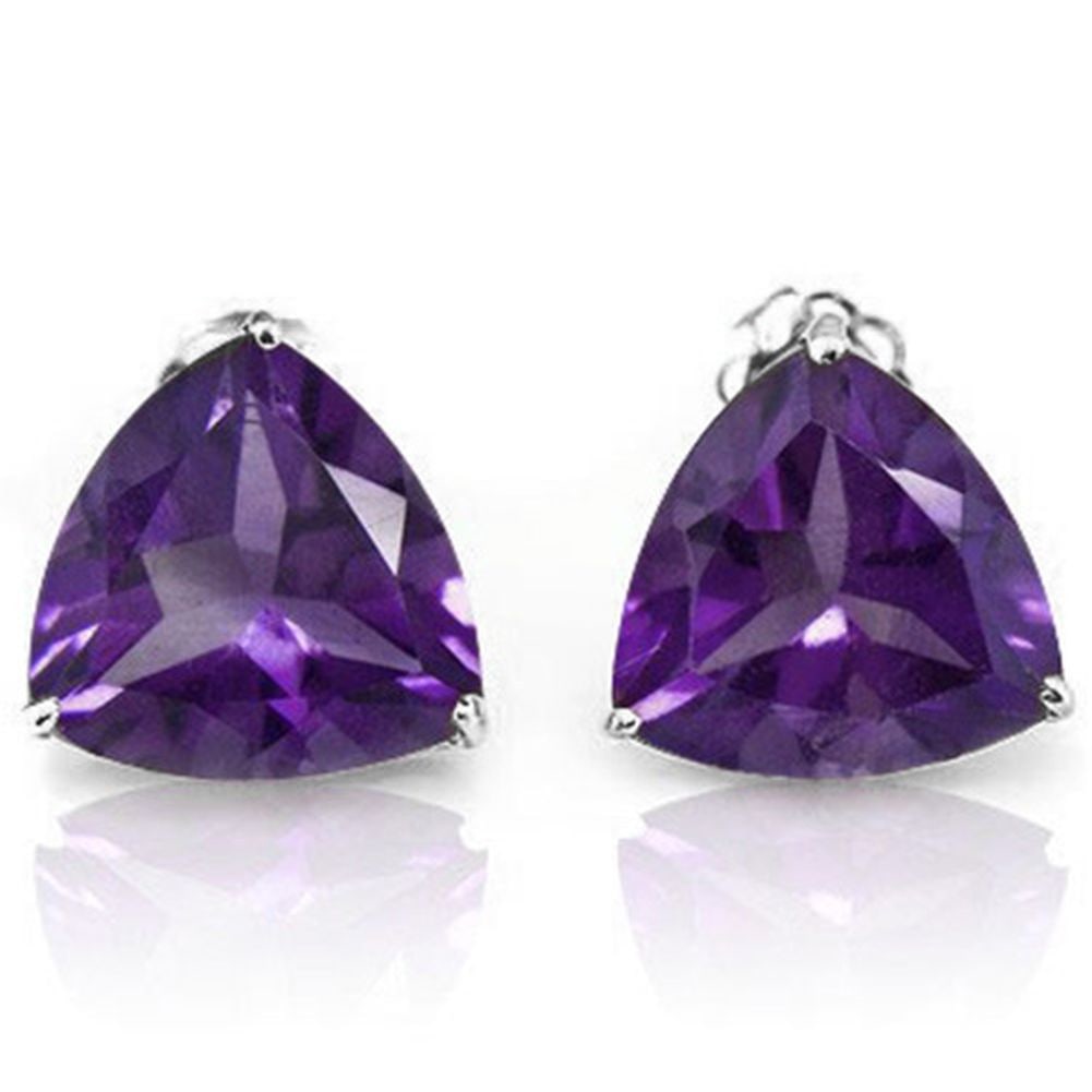 8MM Trillion Cut Amethyst 3.75CTW Stud Earrings in Sterling Silver: In platinum over .925 sterling silver basket mountings with friction backs included. Contains 2 trillion cut amethyst gemstones with excellent color and clarity,approx. 3.75CTW, 8mm each. 1.8g