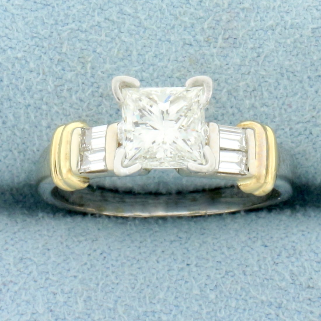 Princess Diamond Engagement Ring in 14K Yellow and White Gold: In 14K Yellow and White Gold. Center diamond is a high quality 1ct Princess cut diamond, SI2 clarity/I color, completely eye clean, and great cut for lots of sparkle. Also contains four high quality 0