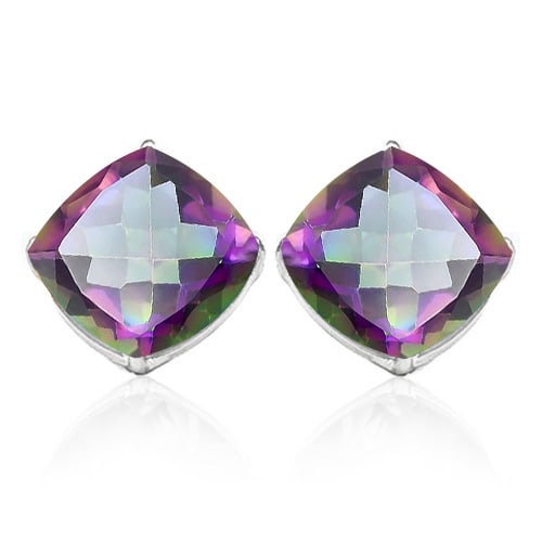 5MM Cushion Mystic Topaz Earrings in Sterling Silver: In platinum over .925 sterling silver basket mountings with friction backs included. Contains 2 cushion cut Mystic Topaz gemstones with excellent color and clarity, approx. 1CTW, 5mm each. 1.2g