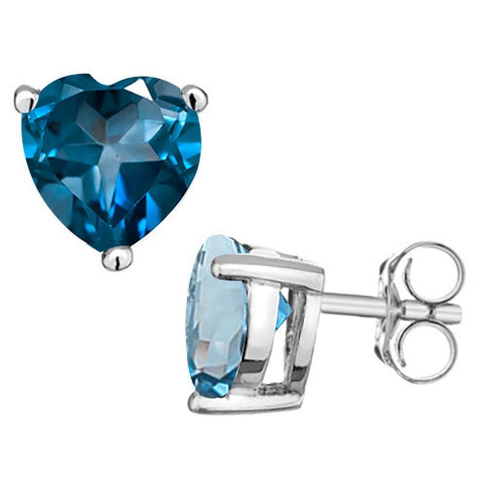 5MM Heart Cut London Blue Topaz 1.2CTW Stud Earrings in Sterling Silver: In platinum over .925 sterling silver basket mountings with friction backs included. Contains 2 heart cut London blue topaz gemstones with excellent color and clarity, approx. 1.2CTW, 5mm each. 1.0g