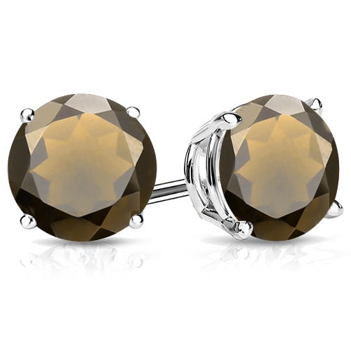 10MM Round Smoky Quartz Stud Earrings in Sterling Silver: In platinum over .925 sterling silver basket mountings with friction backs included. Contains 2 round cut Smoky Quartz gemstones with excellent color and clarity, approx. 7CTW, 10mm each. 3.3g