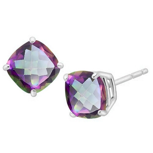 8MM Cushion Mystic Topaz Earrings in Sterling Silver: In platinum over .925 sterling silver basket mountings with friction backs included. Contains 2 cushion cut Mystic Topaz gemstones with excellent color and clarity, approx. 4CTW, 8mm each. 2.4g