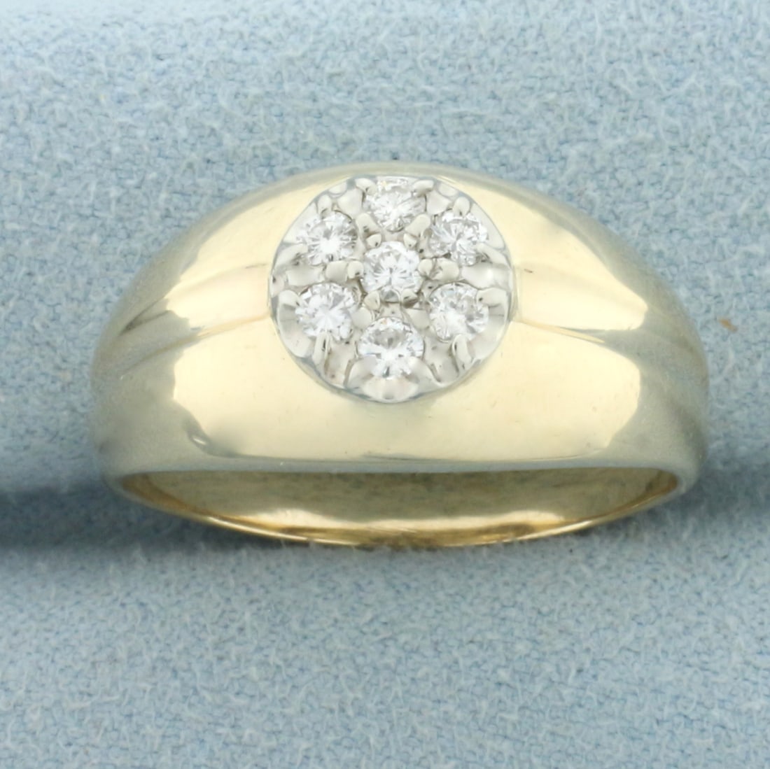 Men's Diamond Target Design Ring in 14k Yellow Gold: In _k yellow gold. Contains seven high quality .05ct diamonds, VS clarity/F color. 11mm wide at widest point. Size: 10.5. 6.0g.