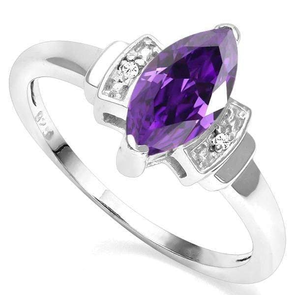 Marquise Amethyst and Diamond Ring in Sterling Silver: In platinum over .925 sterling silver. Contains one marquise cut amethyst gemstone, .9cts, accented with two genuine diamonds, .01ctw. Size 8. 1.8g