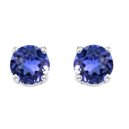 5MM Round Lab Tanzanite Earrings in Sterling Silver: In platinum over .925 sterling silver basket mountings with friction backs included. Contains 2 round cut lab created Tanzanite gemstones with excellent color and clarity, approx. 1.6CTW, 5mm each. 1.