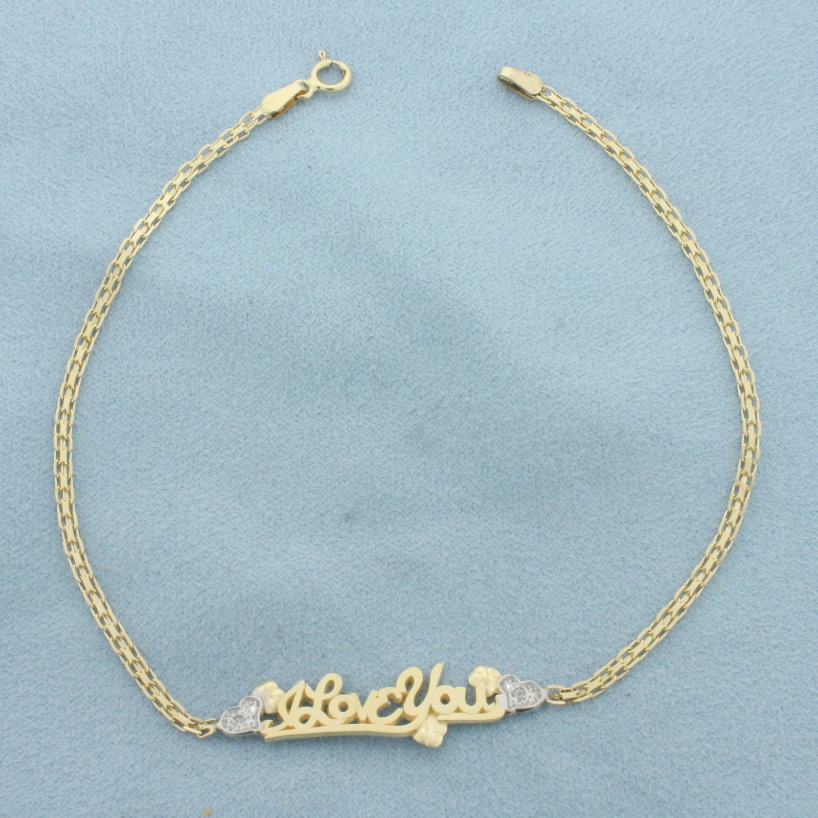 Diamond I Love You Anklet in 14k Yellow Gold: In 14k Yellow Gold. Contains two high quality 1/2pt diamonds. 9 inches long. 2mm wide chain. Spring clasp. 2.7g.