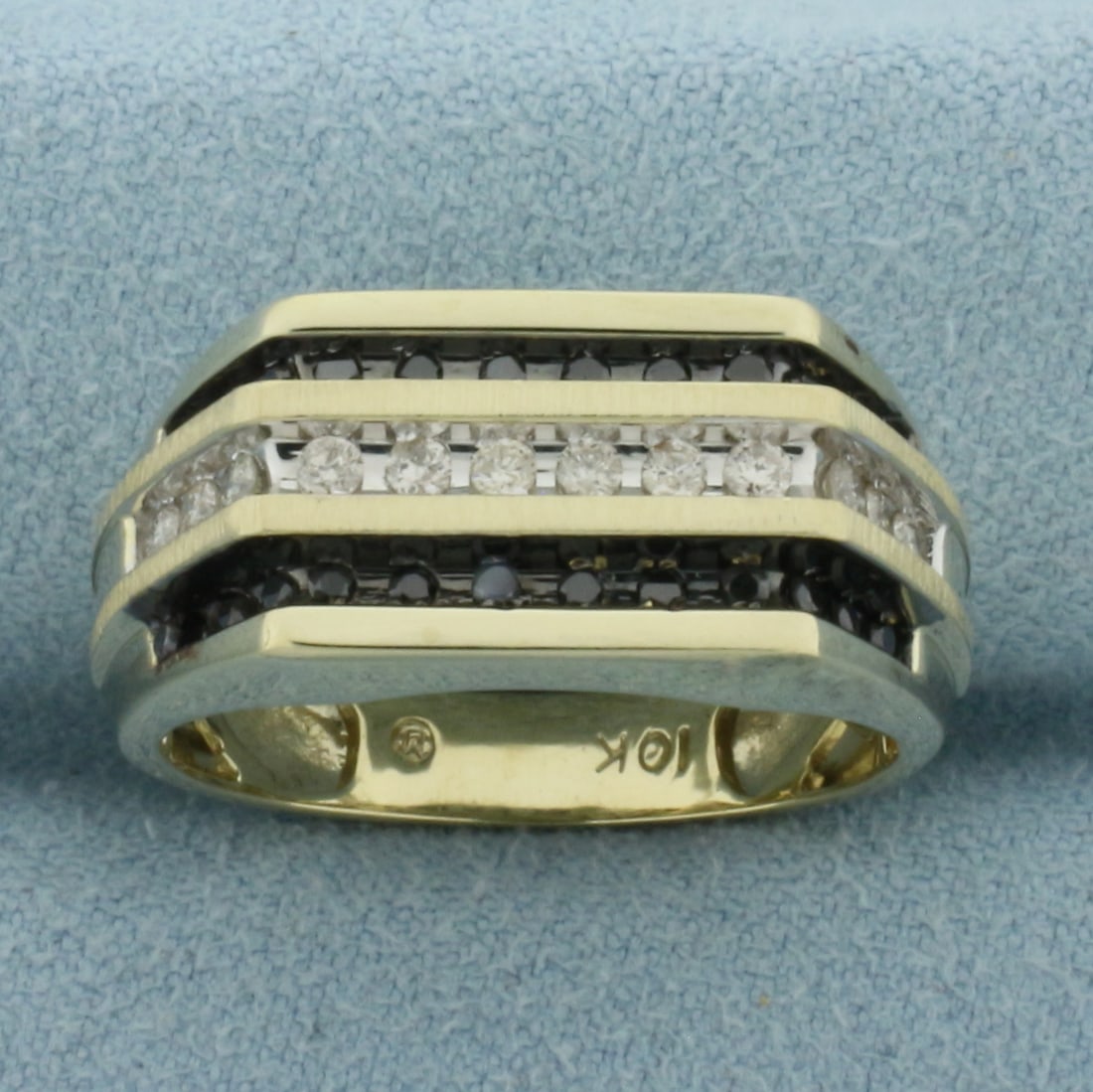 Mens Black and White Diamond Ring in 10K Yellow Gold: In 10k yellow gold. Measures 10.7mm wide at top of ring. Contains 12 high quality .02ct diamonds. Also contains 24 high quality .01ct black diamonds. Size 10.25. 5.2g.
