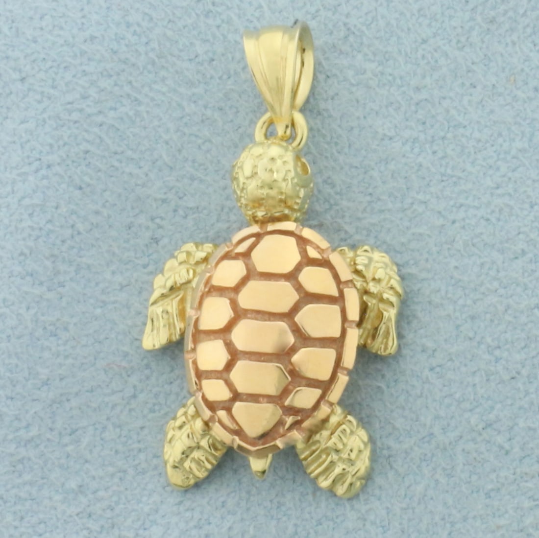 Turtle Pendant or Charm in 14k Yellow and Rose Gold: In 14k Yellow and Rose Gold. 1 1/8 inch long including bale. 5/8 inch wide. 3.5g.