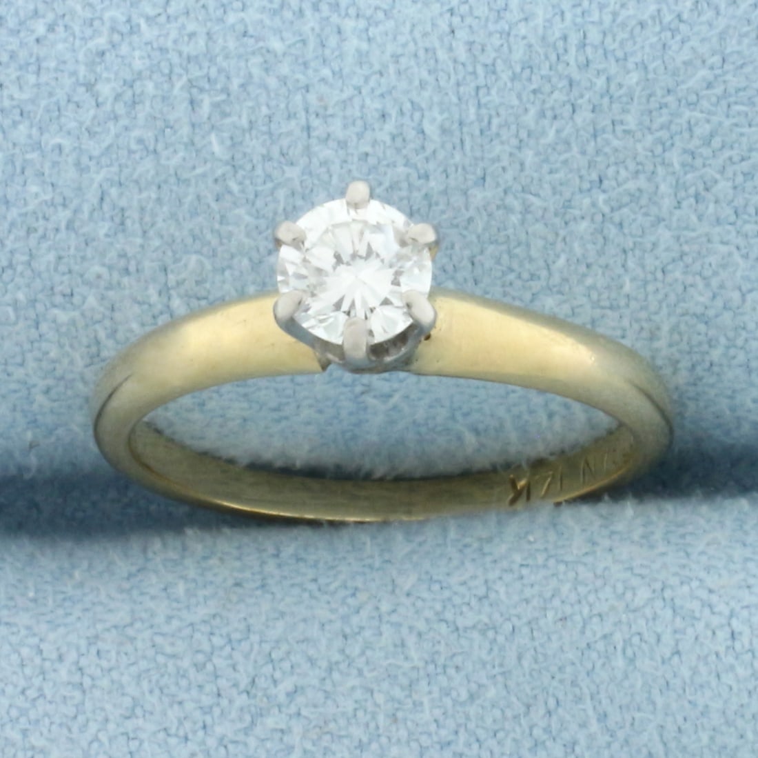 Almost 1/2ct Solitaire Diamond Engagement Ring in 14k Yellow Gold: In 14k Yellow Gold with white gold head/prongs. Contains one high quality .45ct diamond, VS clarity/I color, great cut for extra brilliance. Size 6. 2.2g.
