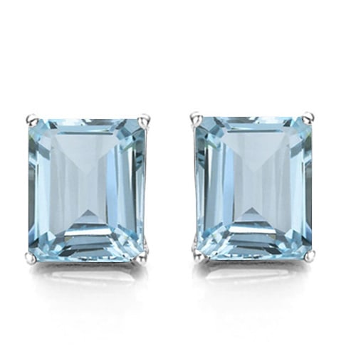 6x8 Emerald Cut Sky Blue Topaz Earrings in Sterling Silver: In platinum over .925 sterling silver basket mountings with friction backs included. Contains 2 emerald cut Sky Blue Topaz gemstones with excellent color and clarity, approx. 3.7CTW, 6x8mm each. 2.0g