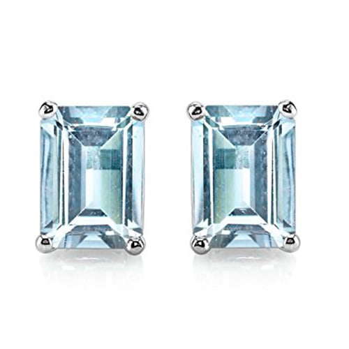 4x6 Emerald Cut Sky Blue Topaz Earrings in Sterling Silver: In platinum over .925 sterling silver basket mountings with friction backs included. Contains 2 emerald cut Sky Blue Topaz gemstones with excellent color and clarity, approx. 1.4CTW, 4x6mm each. 1.2g
