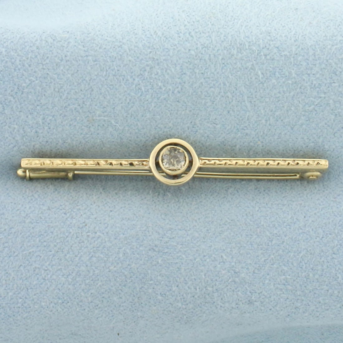 Antique Old European Cut Diamond Pin Brooch in 14k Yellow Gold: In 14k yellow gold. Contains one high quality 1/5ct Champagne Old European Cut diamond with warm color. 1 5/8 inches long and 1/4 inches wide. 2.7g.