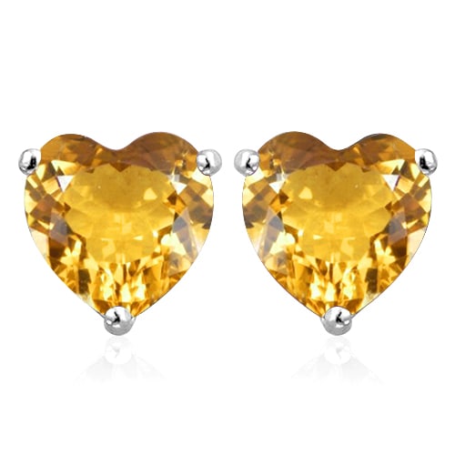 6MM Heart Citrine Earrings in Sterling Silver: In platinum over .925 sterling silver basket mountings with friction backs included. Contains 2 heart cut Citrine gemstones with excellent color and clarity, approx. 1.5CTW, 6mm each. 1.2g