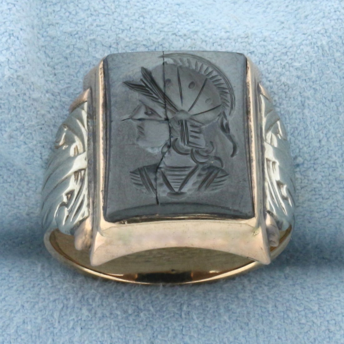 Spartan Roman Soldier Hematite Ring in 14k Rose Gold and White Gold: In 14k Rose and White Gold. 16mmx12mm carved Hematite gemstone. Crack in stone, shown in picture. Size 7.5. 7.5g.