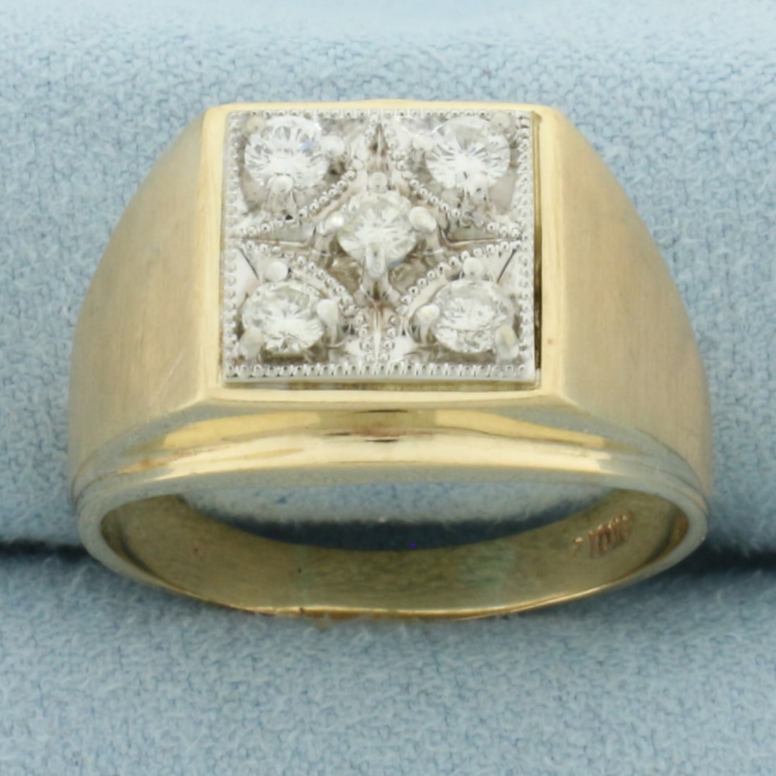 Mens Diamond Ring in 10k Yellow Gold: In 10k Yellow Gold. Contains five high quality round brilliant diamonds, 1/2ct TW, SI clarity/H color. 14mm wide at top of ring. Milgrain details. Size 12. 8.4g.