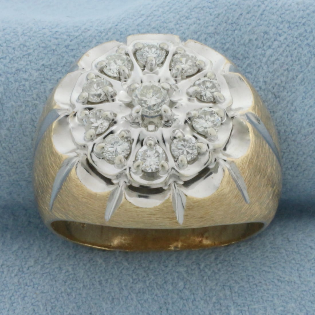 Men's Diamond Target Ring in 10K Yellow Gold: In 10k yellow gold. 20mm wide at top of ring. Contains eleven high quality round brilliant diamonds, 1ct TW, H color/SI clarity. Size 10.5. 12.5g.