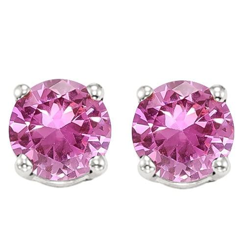 6MM Round Lab Pink Sapphire Earrings in Sterling Silver: In platinum over .925 sterling silver basket mountings with friction backs included. Contains 2 round cut lab created Pink Sapphire gemstones with excellent color and clarity, approx. 2CTW, 6mm each. 