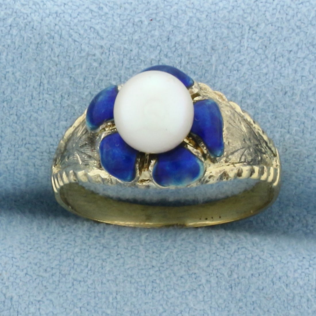 Antique Blue Enamel Cultured Akoya Pearl Ring in 18k Yellow Gold: In 18k Yellow Gold. Contains one 6.5mm cultured Akoya Pearl with high luster. Blue enamel detailing. Size 7.5.